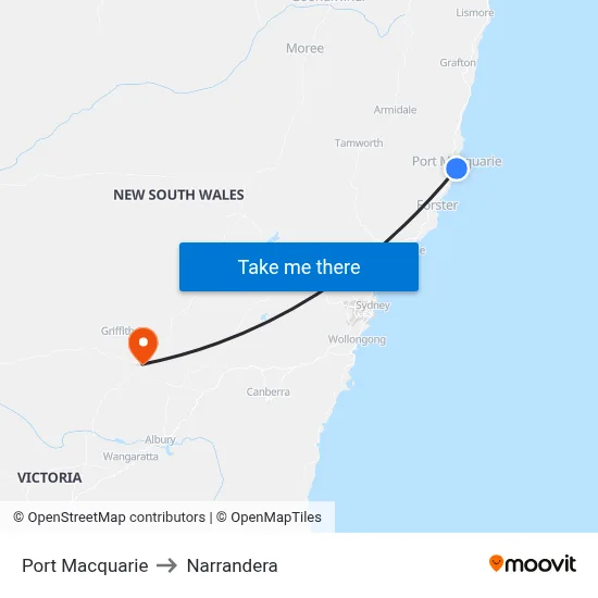 Port Macquarie to Narrandera map