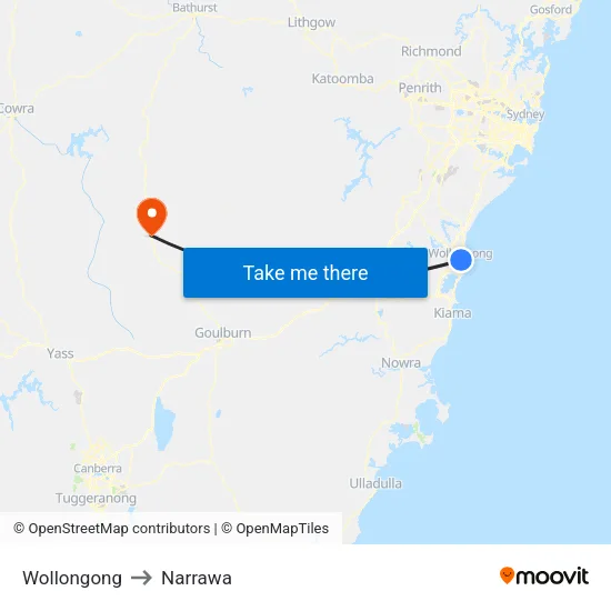 Wollongong to Narrawa map