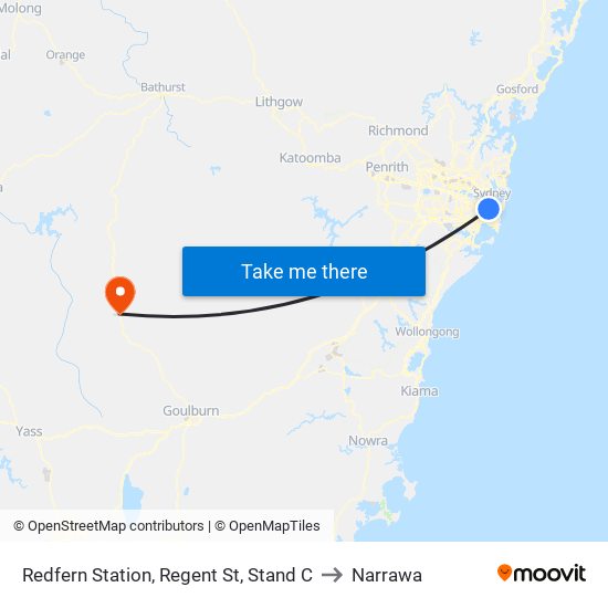 Redfern Station, Regent St, Stand C to Narrawa map