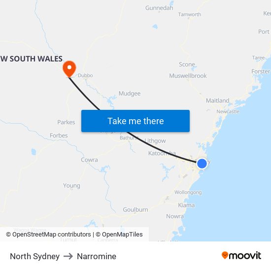 North Sydney to Narromine map