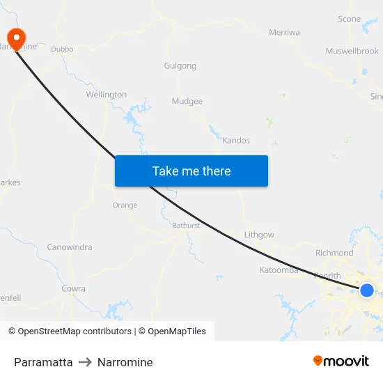 Parramatta to Narromine map