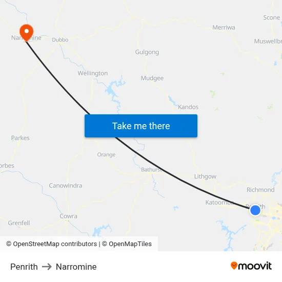 Penrith to Narromine map