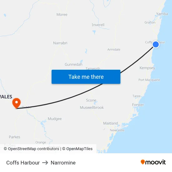 Coffs Harbour to Narromine map