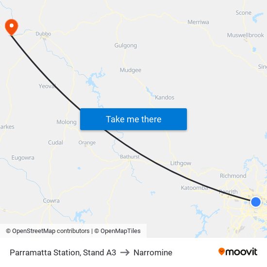 Parramatta Station, Stand A3 to Narromine map