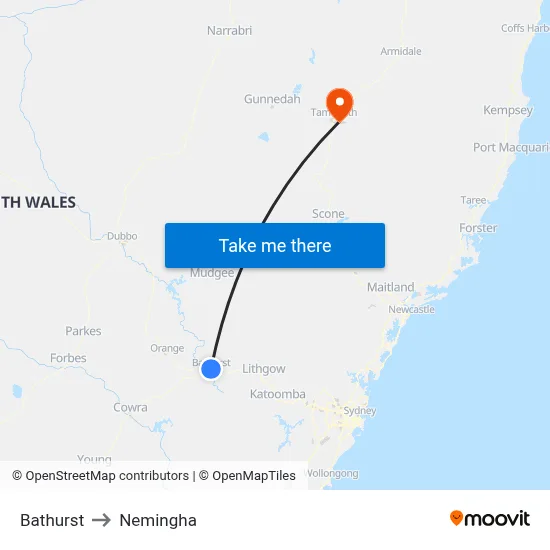 Bathurst to Nemingha map