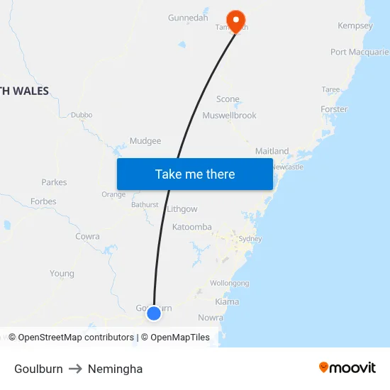 Goulburn to Nemingha map