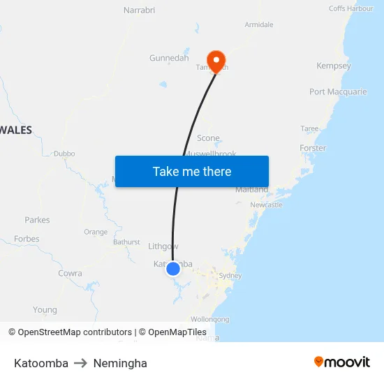 Katoomba to Nemingha map