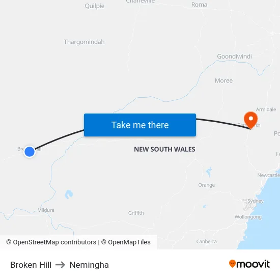 Broken Hill to Nemingha map