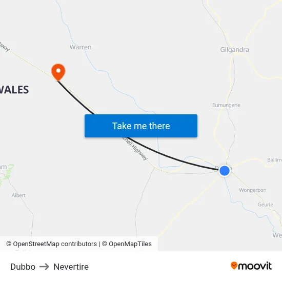Dubbo to Nevertire map