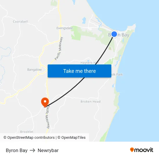 Byron Bay to Newrybar map