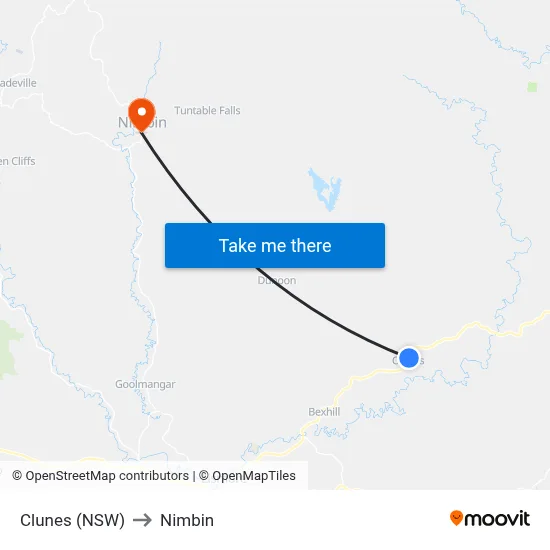 Clunes (NSW) to Nimbin map