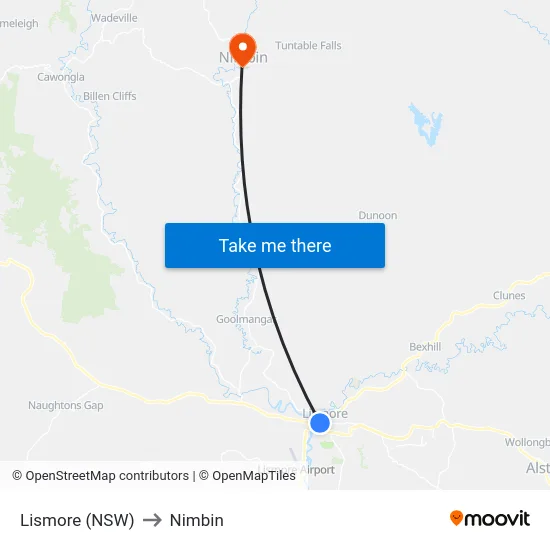 Lismore (NSW) to Nimbin map
