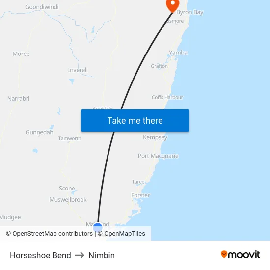 Horseshoe Bend to Nimbin map