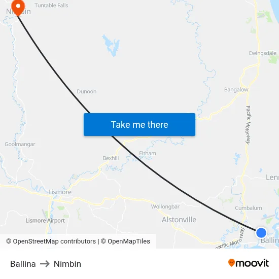 Ballina to Nimbin map