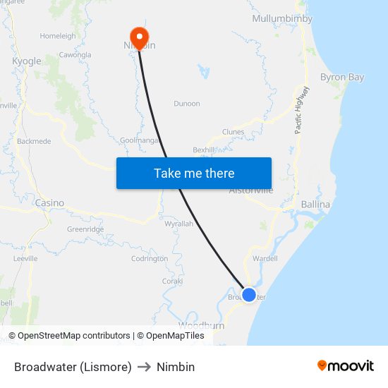 Broadwater (Lismore) to Nimbin map