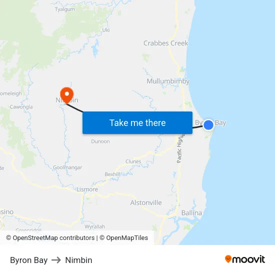 Byron Bay to Nimbin map