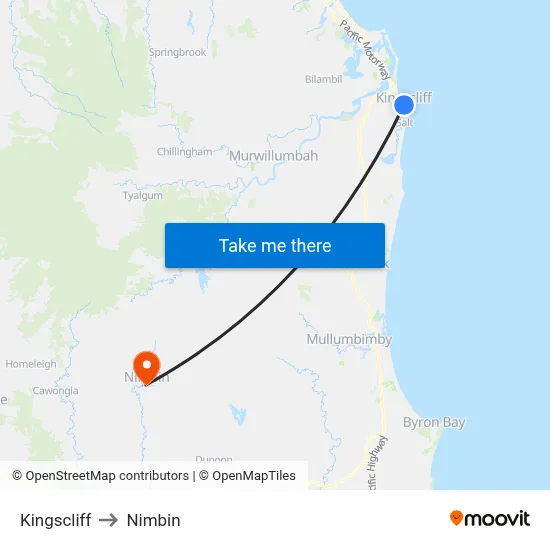 Kingscliff to Nimbin map