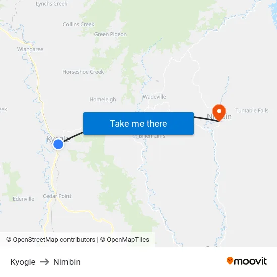 Kyogle to Nimbin map