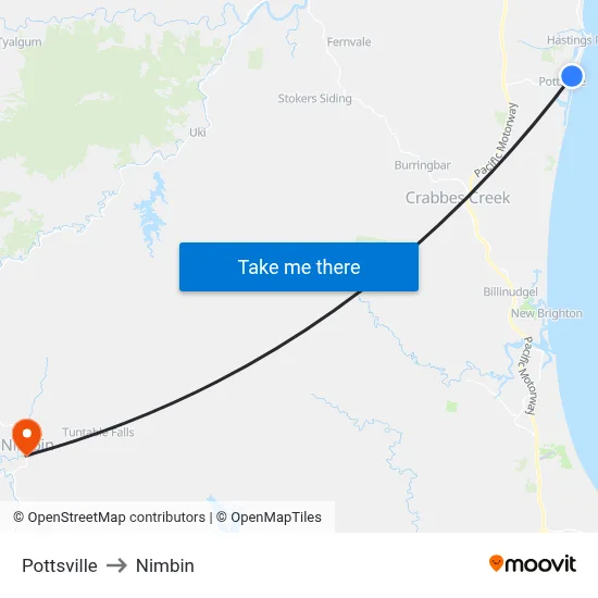 Pottsville to Nimbin map