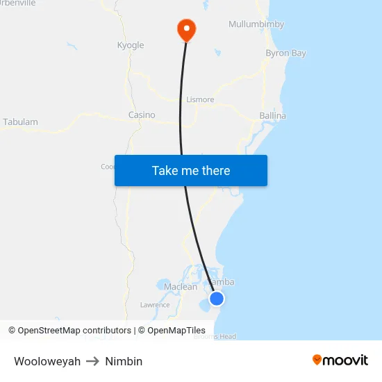 Wooloweyah to Nimbin map