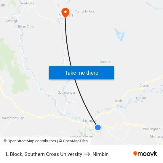 L Block, Southern Cross University to Nimbin map