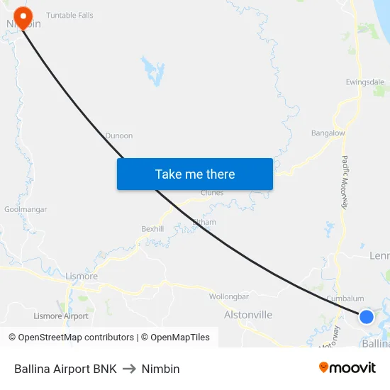 Ballina Airport BNK to Nimbin map