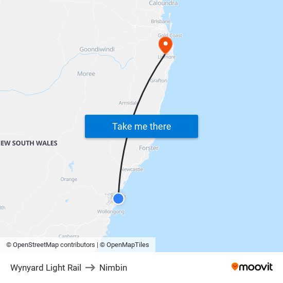 Wynyard Light Rail to Nimbin map