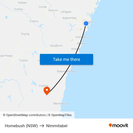 Homebush (NSW) to Nimmitabel map