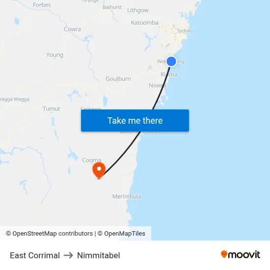 East Corrimal to Nimmitabel map