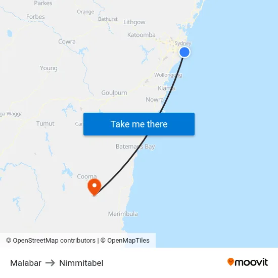 Malabar to Nimmitabel map