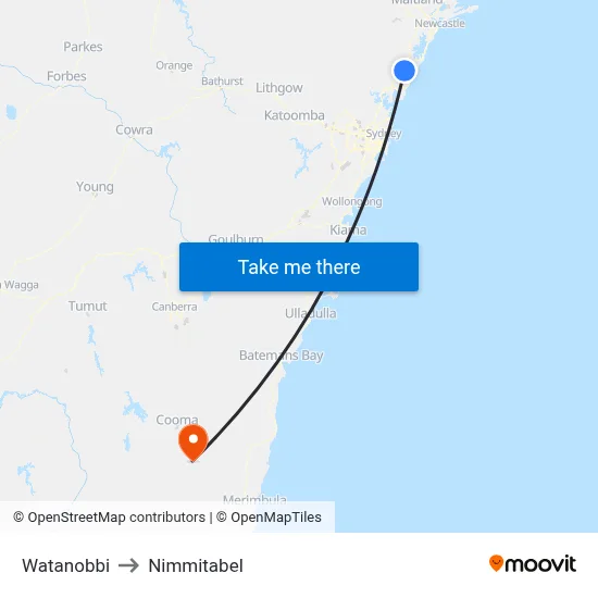Watanobbi to Nimmitabel map