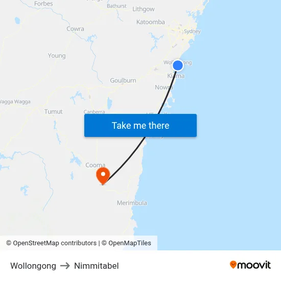Wollongong to Nimmitabel map
