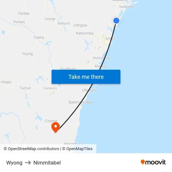 Wyong to Nimmitabel map