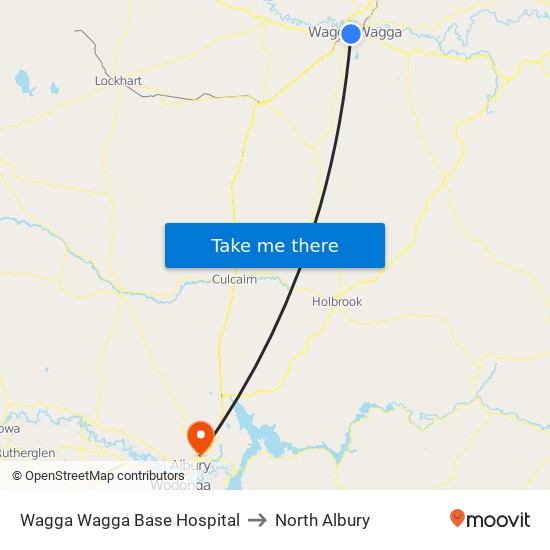 Wagga Wagga Base Hospital to North Albury map