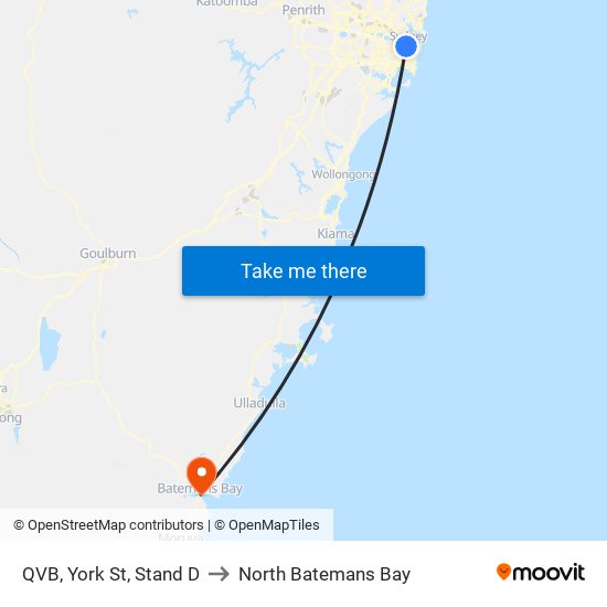 QVB, York St, Stand D to North Batemans Bay map