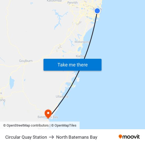 Circular Quay Station to North Batemans Bay map