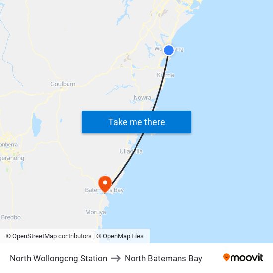 North Wollongong Station to North Batemans Bay map