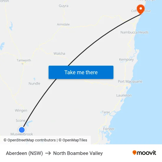 Aberdeen (NSW) to North Boambee Valley map