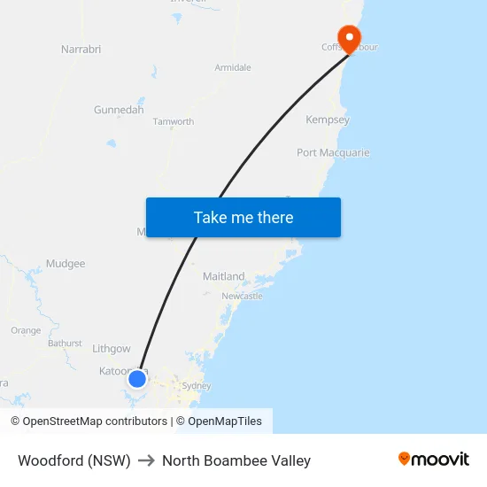 Woodford (NSW) to North Boambee Valley map