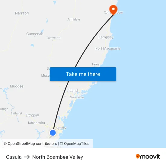 Casula to North Boambee Valley map