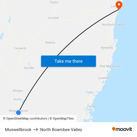 Muswellbrook to North Boambee Valley map