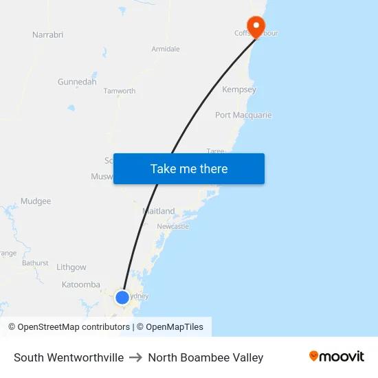 South Wentworthville to North Boambee Valley map