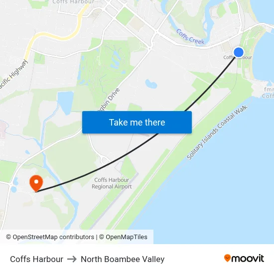 Coffs Harbour to North Boambee Valley map