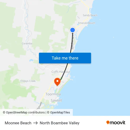Moonee Beach to North Boambee Valley map