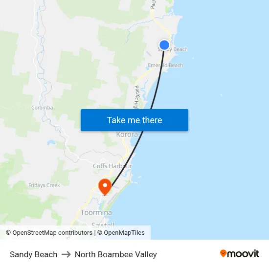Sandy Beach to North Boambee Valley map