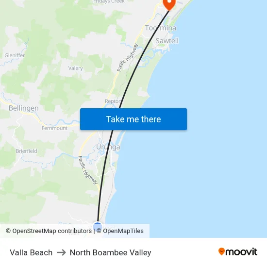 Valla Beach to North Boambee Valley map