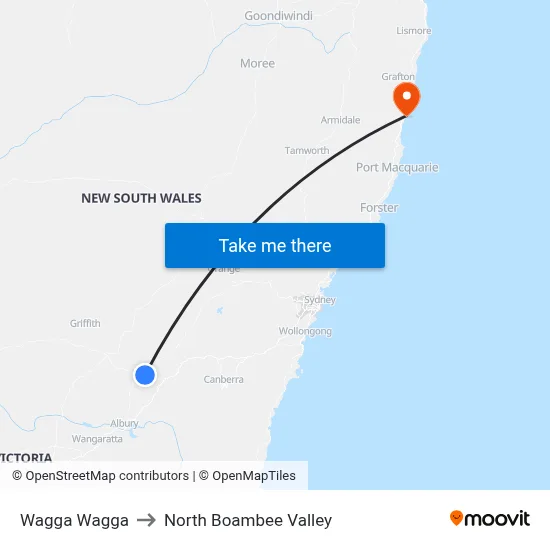 Wagga Wagga to North Boambee Valley map
