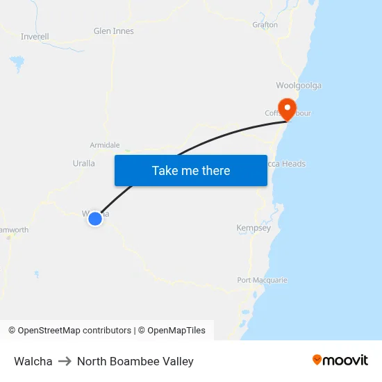 Walcha to North Boambee Valley map
