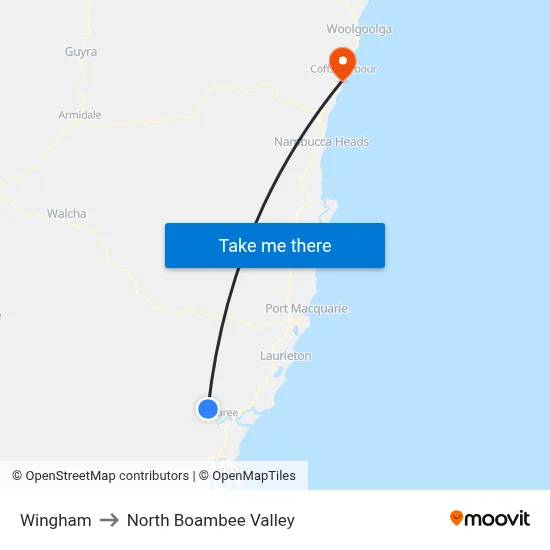 Wingham to North Boambee Valley map