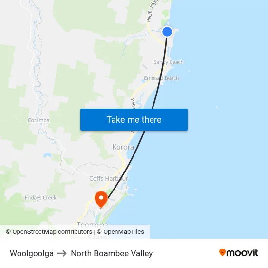 Woolgoolga to North Boambee Valley map